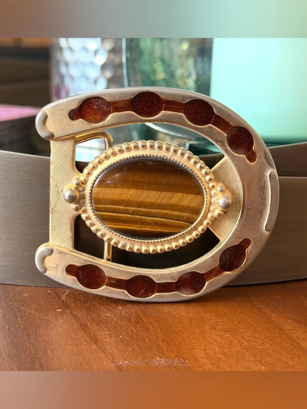 Vintage Brass Horsehoe Tiger's Eye Belt Buckle